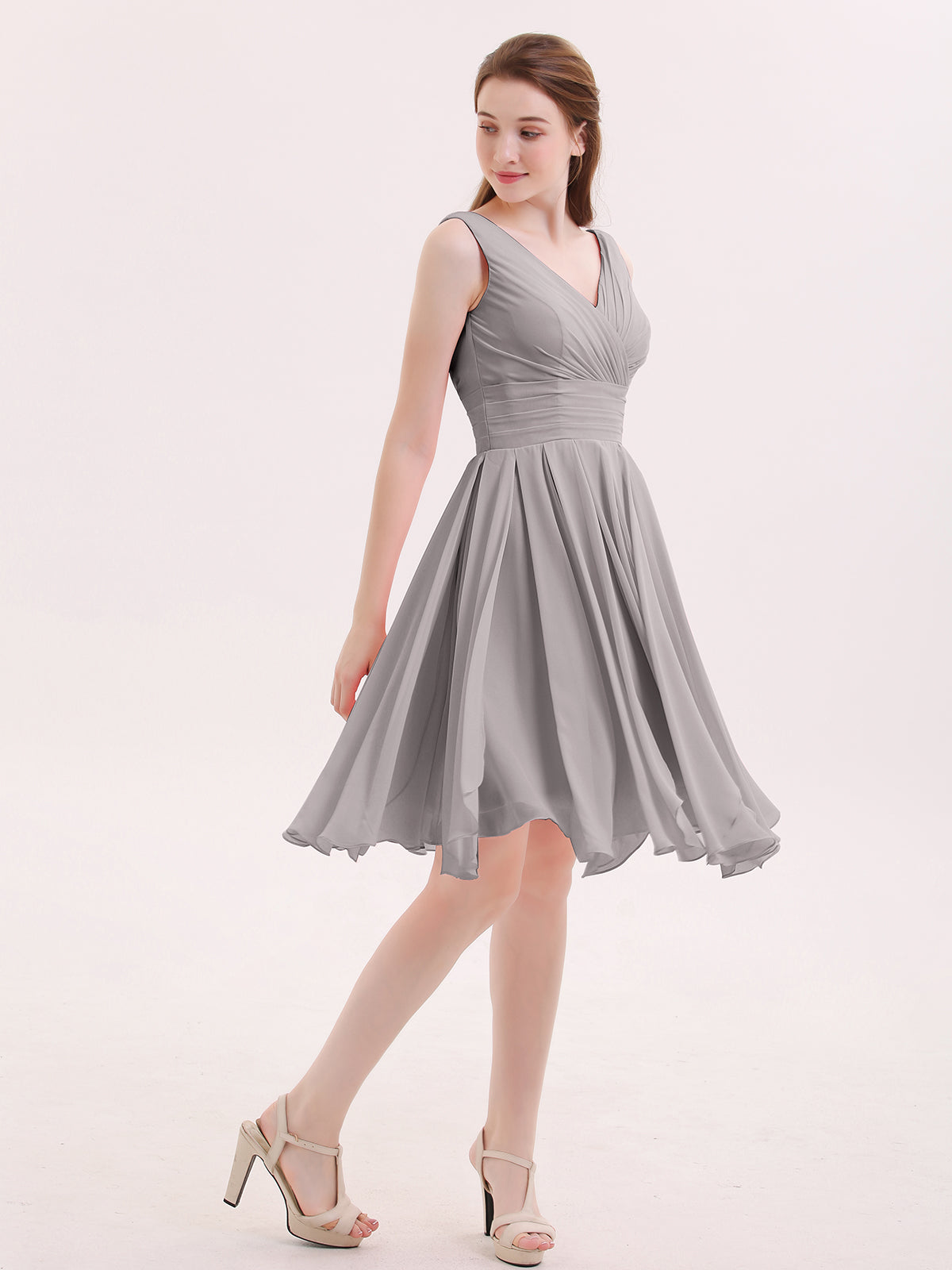 V neck Short Chiffon Bridesmaid Gowns Silver BABARONI BABARONI UK