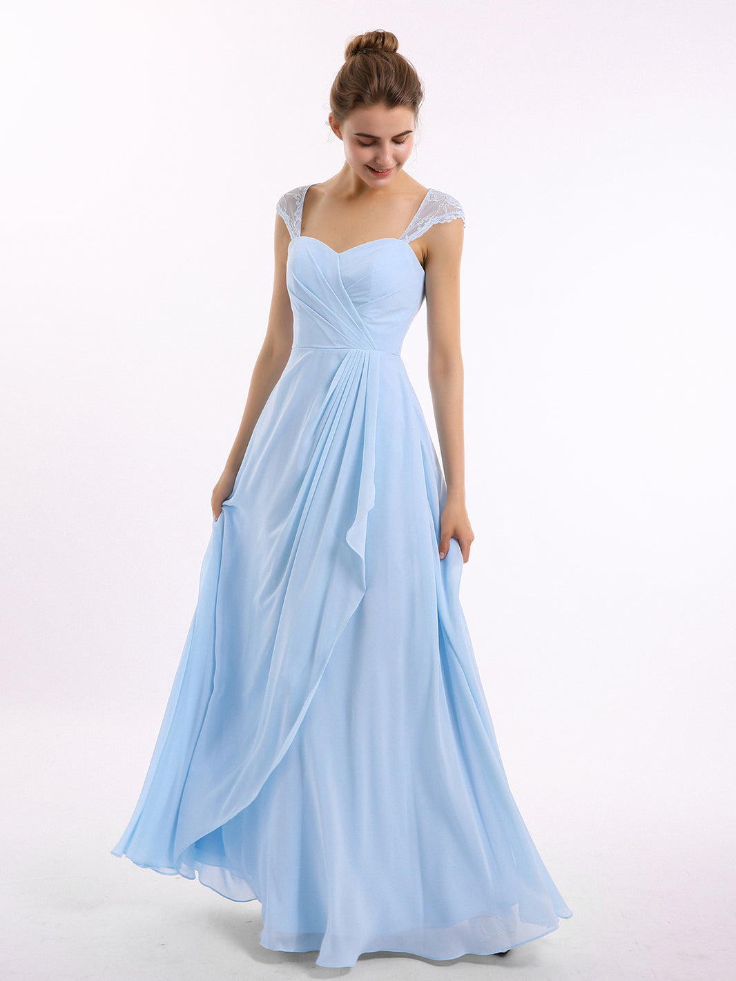 BABARONI Chiffon Sky Blue Bridesmaid Dresses A-line Sweetheart Cap