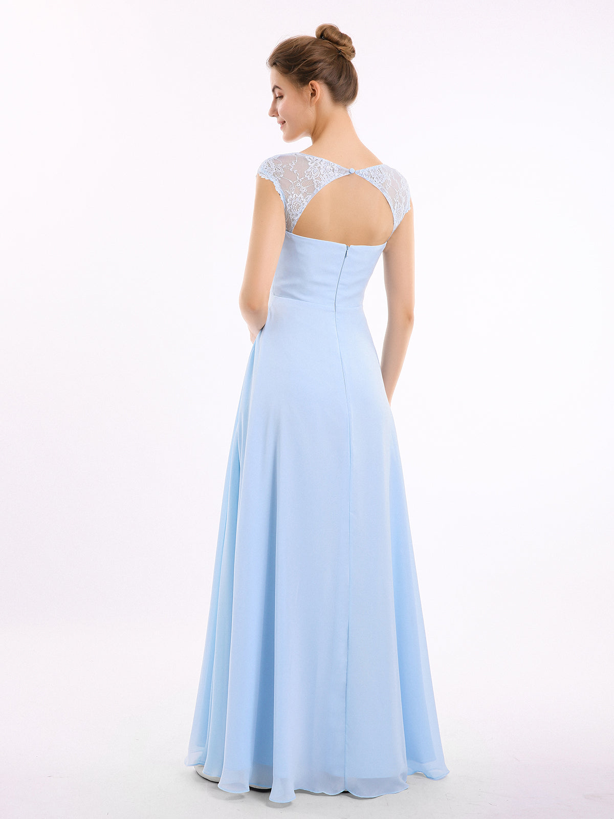 Long Lace Cap Sleeves Chiffon Gown with V Neck Sky Blue Plus Size main image 0