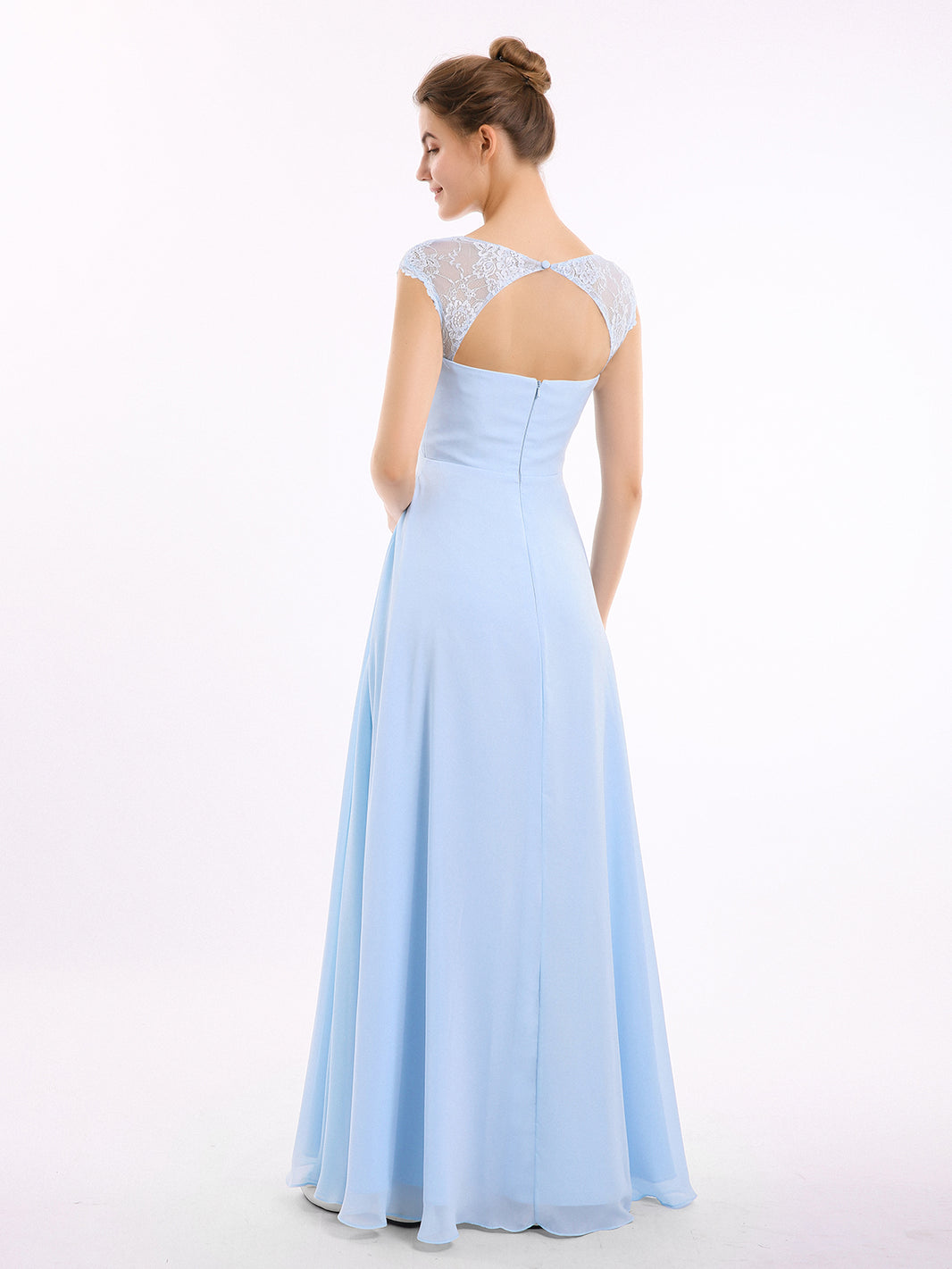 Long Chiffon Bridesmaid Gown with Lace Cap Sleeves Mint Green