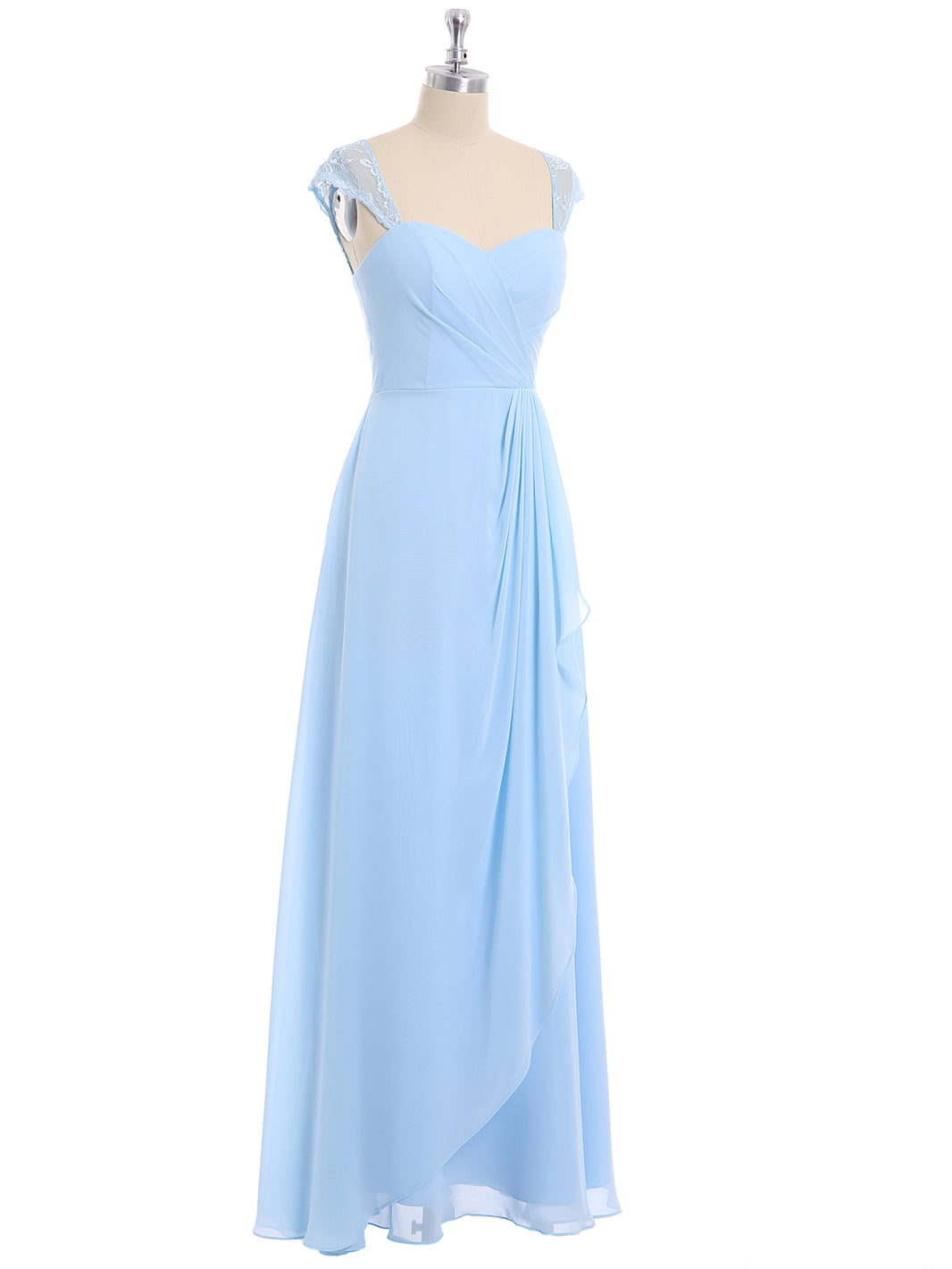 V-Neck Belted Long Chiffon Junior Bridesmaid Gown Sky Blue