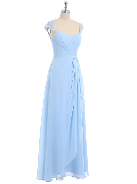 Lace and Chiffon Long Dress with Cap Sleeves Sky Blue Plus Size