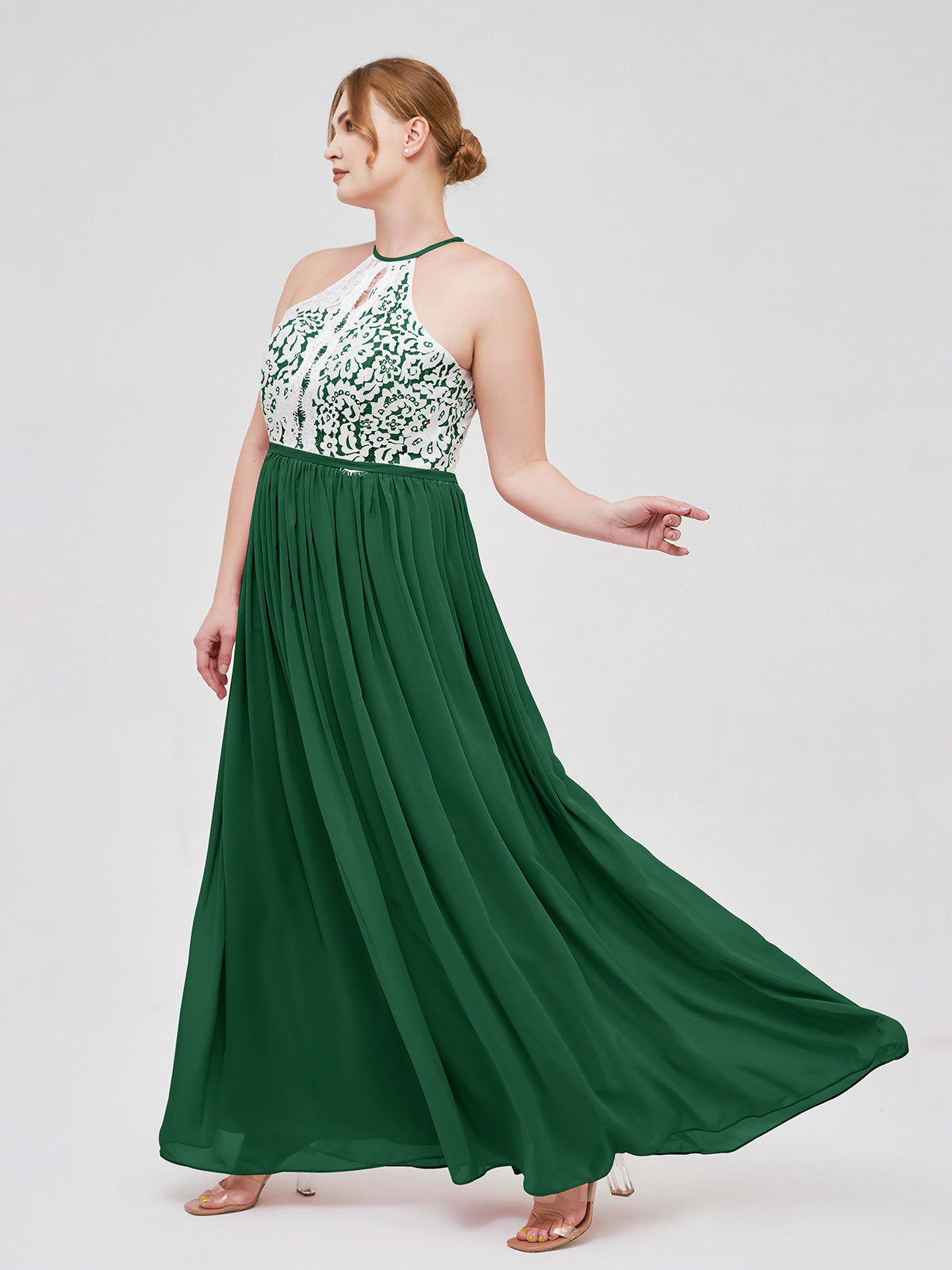 Ivory Lace Bodice Halter Long Dresses Dark Green BABARONI