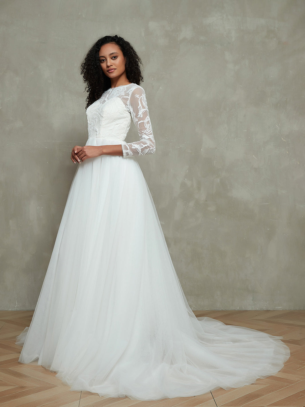 champagne tulle wedding dress with illusion lace long sleeves BABARONI Tulle Lace Champagne Wedding Dresses A-line Illusion Chapel train Long  Sleeve – BABARONI UK