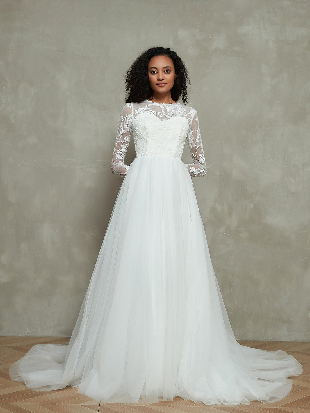 BABARONI Tulle Lace Champagne Wedding Dresses A-line Illusion Chapel train Long  Sleeve  BABARONI UK