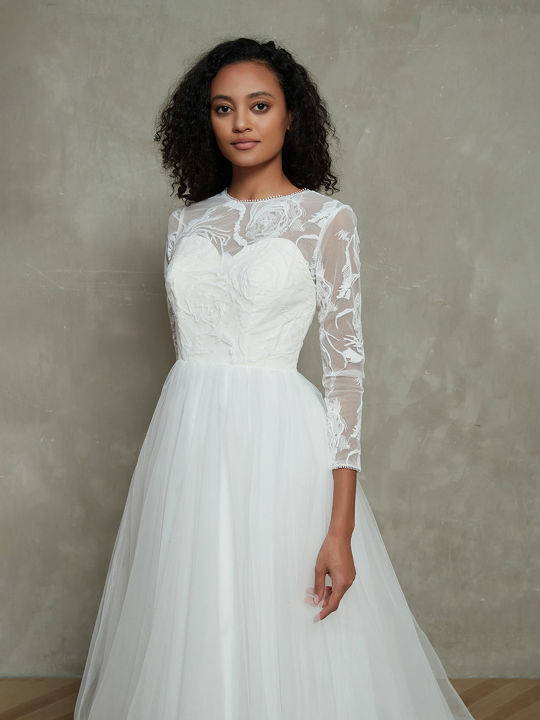BABARONI Tulle Lace Champagne Wedding Dresses A-line Illusion Chapel train Long Sleeve – BABARONI UK