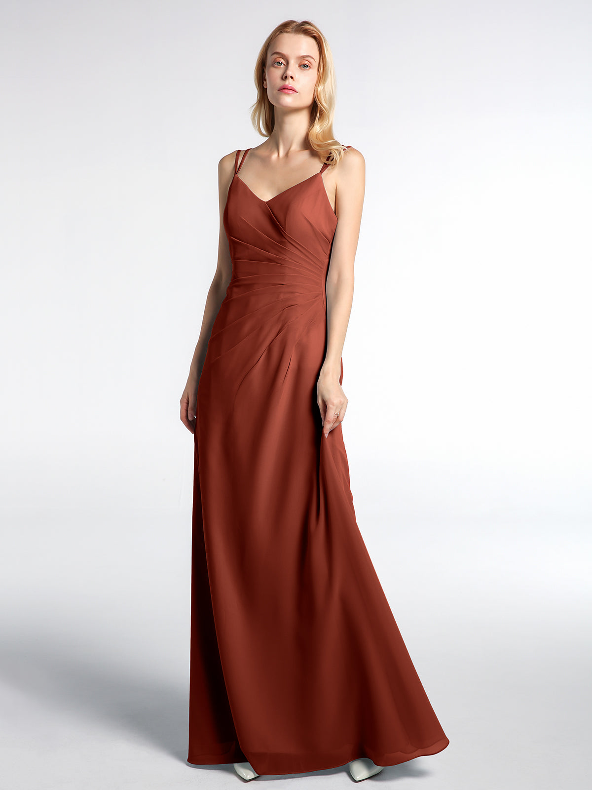 BABARONI Chiffon Rust Bridesmaid Dresses A-line V-neck Spaghetti Straps ...