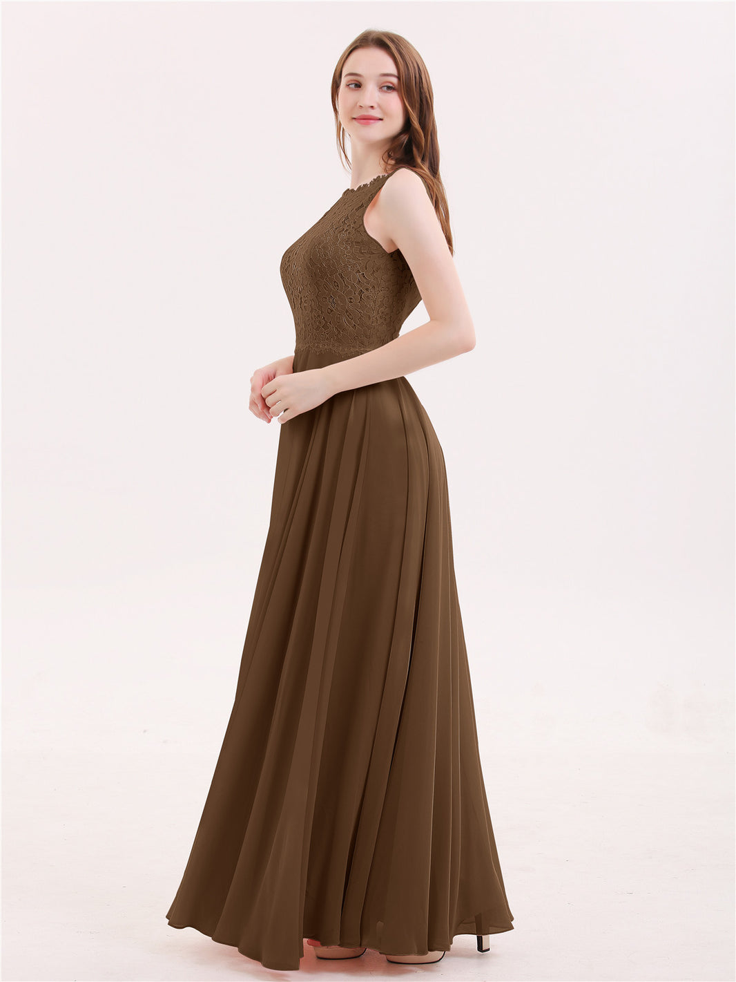 BABARONI Chiffon Lace Brown Bridesmaid Dresses A-line Bateau Sleeveless  Floor-length – BABARONI UK