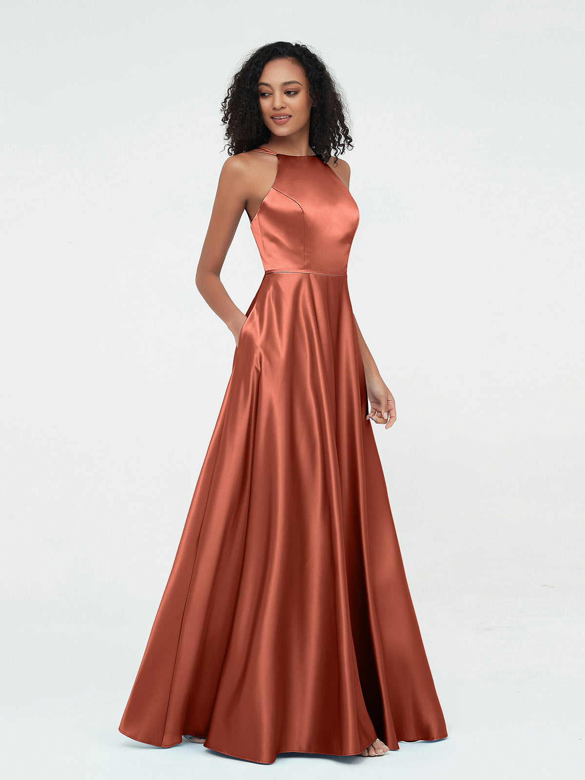 A line Halter Satin Long Dresses with Pockets Rust BABARONI BABARONI UK