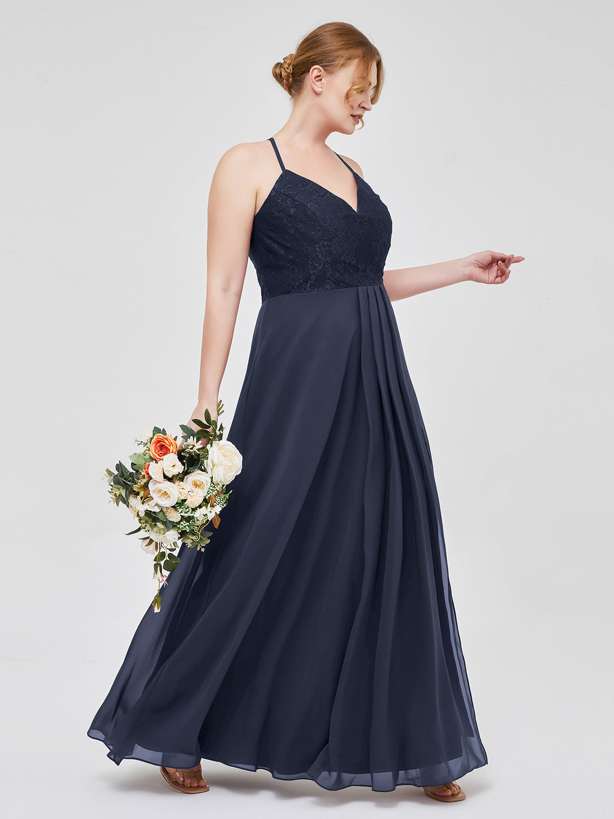 Chiffon Bottom Lace Top Bridesmaid Dress with Slit Dark Navy