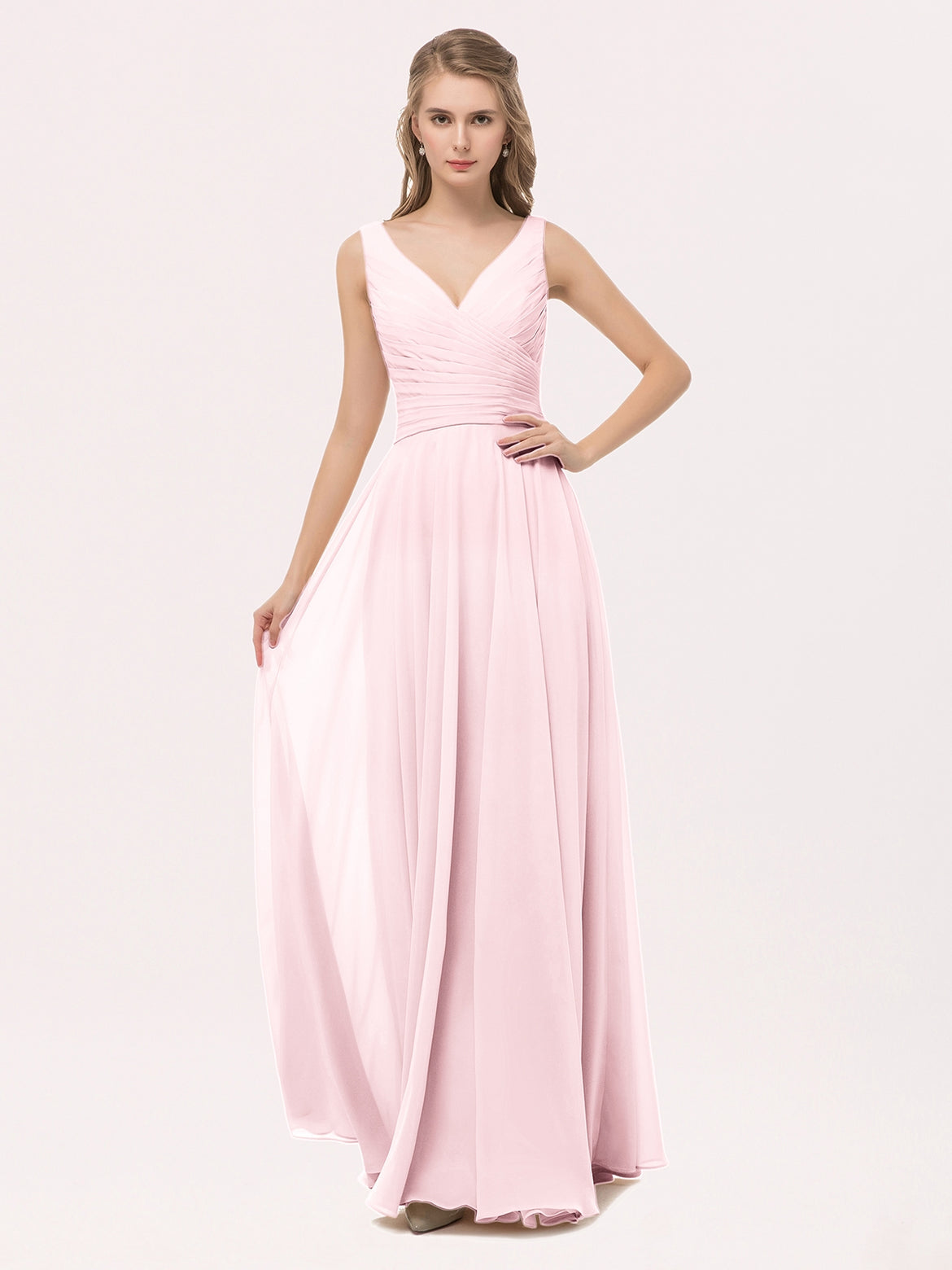 white christmas dresses Pink Floral A-Line V Neck Slit Long Chiffon Bridesmaid Dresses
