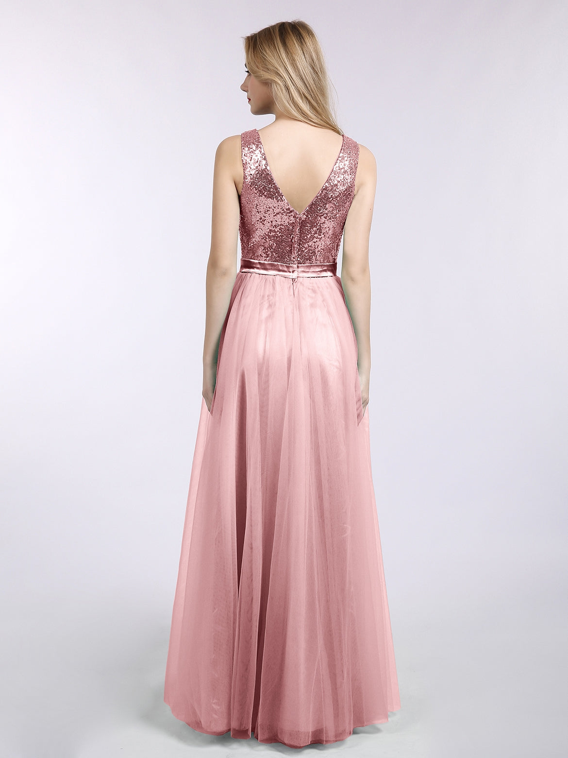 slim fit dress slacks Sparkly Spaghetti Straps Cowl Back Rose Gold Sequin Bridesmaid Dresses  DTB32 – DressTok.co.uk main image 1