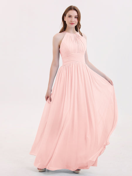 Halter Chiffon Dresses with Double StrapS Pearl Pink